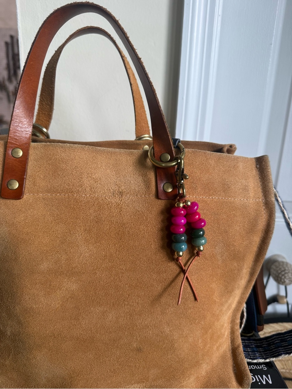 Pink and Green Beaded bag charm - Picture 4 of 6